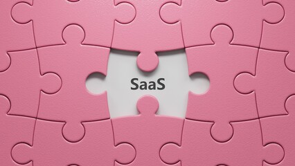 puzzle pieces with missing pieces with SAAS business word.close up of puzzle pieces with missing pieces,Business Concept.3D rendering.