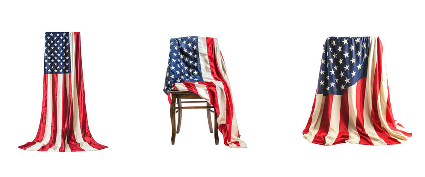 Collection of American flag draped over a chair, with a simple yet elegant presentation. full length isolate on transparent background - Powered by Adobe