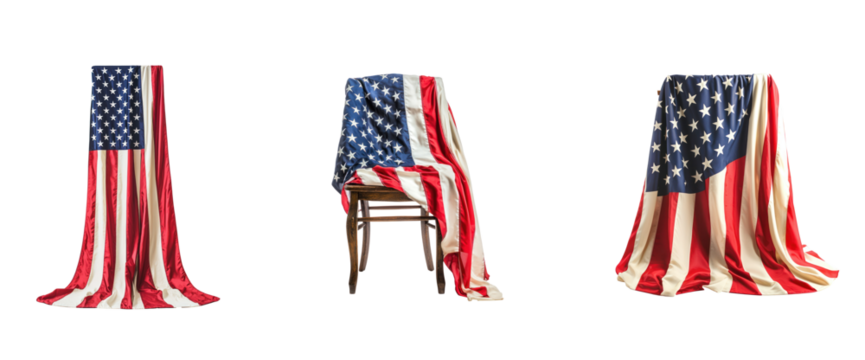 Collection of American flag draped over a chair, with a simple yet elegant presentation. full length isolate on transparent background