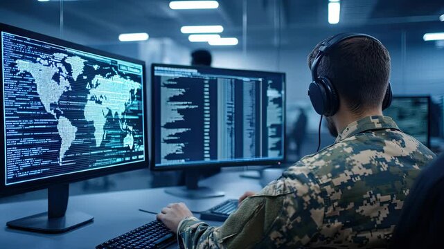 Specialist monitors multiple screens displaying global data and cybersecurity information while working in a high-tech environment