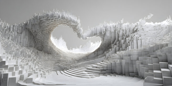 Stunning abstract digital sculpture of a city built from cubes forming a dynamic wave with an open heart shape, concept of innovation and creation