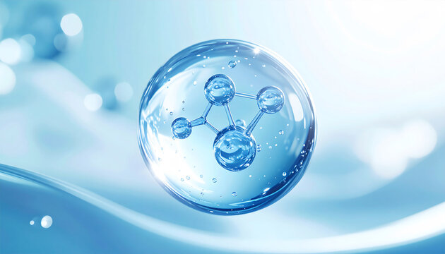 透明な水の中に浮かぶ分子構造の美しい3Dイメージ／Beautiful 3D Molecular Structure Floating in Transparent Water Droplet with Blue Light Reflection for Skincare and Science Concept - Powered by Adobe
