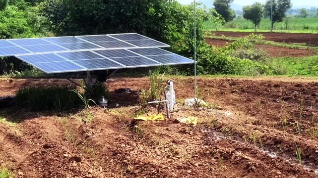 This off-grid solar array powers a water pump for agricultural irrigation, providing a clean, sustainable solution for farming without relying on traditional power sources or fossil fuels.