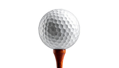Close-up of a single golf ball on a tee, isolated on white background