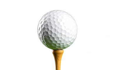 Close-up of a single golf ball on a tee, isolated on white background