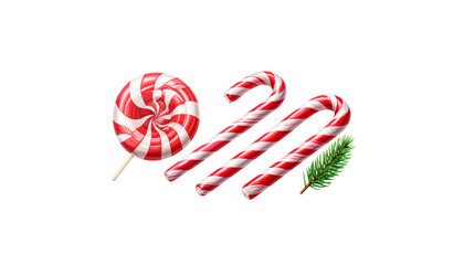 Red candy cane decorated with a Christmas heart shape on a white background