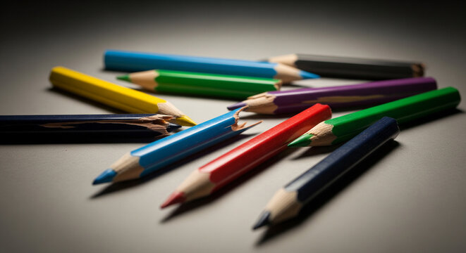 Colorful pencils scattered: creative chaos, damaged tools, artistic struggle.
A dramatically lit, low-key, close-up photograph showcasing a pile of vibrant colored pencils scattered haphazardly
