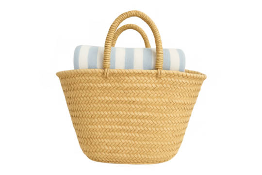 Straw beach bag with striped towel ready for summer vacation