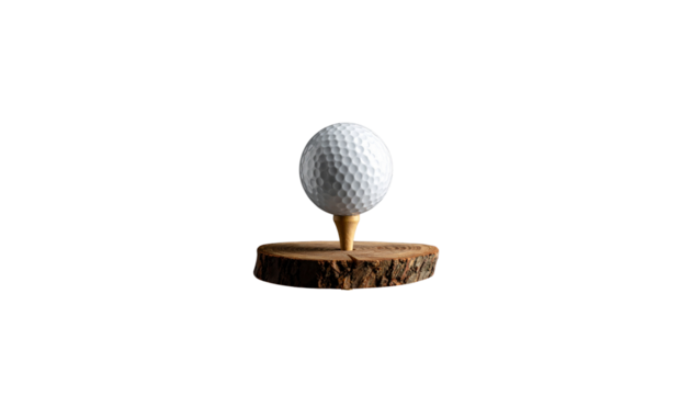 Close-up of a single golf ball on a tee, isolated on white background
