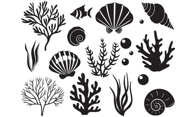 Marine Coral and Seashell Silhouette Vector Set | Ocean Life and Seaweed Clipart ,