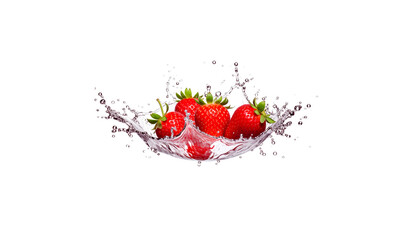 Red ripe strawberries splashed into fresh water on white background