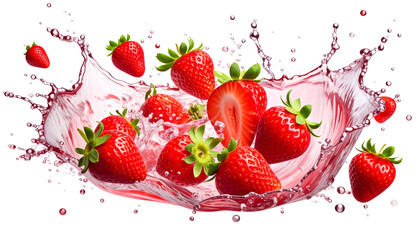 Red ripe strawberries splashed into fresh water on white background