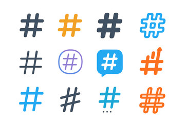Obraz premium Hashtag Icons Set in Different Styles and Colors