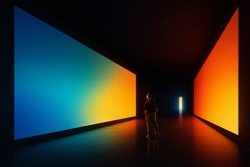 Creative graphic artwork. Man in futuristic gallery with glowing blue and orange light walls....