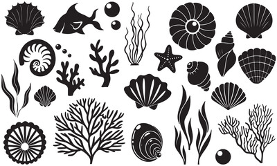 Marine Coral and Seashell Silhouette Vector Set | Ocean Life and Seaweed Clipart ,