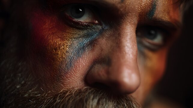 Extreme close up reveals intense gaze of male with vibrant facial paint under dramatic lighting - Powered by Adobe