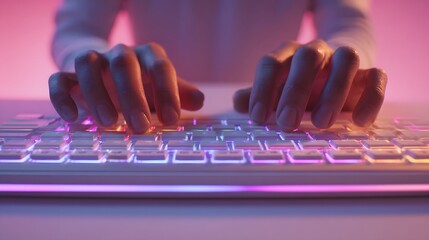 Person's hands rapidly press keys on a backlit electronic input device