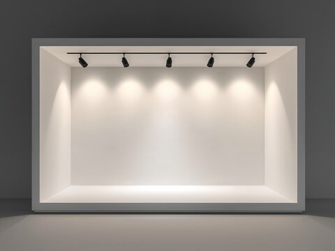 Empty white showcase mockup for product display. A blank store window or gallery niche with spotlights. - Powered by Adobe