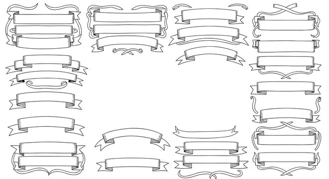 Extensive collection of vintage hand-drawn ribbons, banners, and scrolls in various styles, perfect for titles and decorative text.
