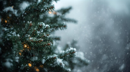 A close up of a snow covered christmas tree with lights during a winter snowfall