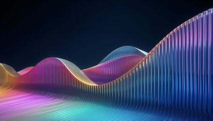 Vibrant abstract flowing waves of colorful light creating a mesmerizing digital landscape against a dark background, representing data visualization and energetic movement