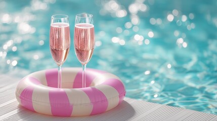 Two pink champagne flutes in a striped pool float by a sparkling blue water background, symbolizing summer celebration and relaxation.