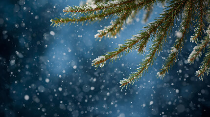 A close up of snow covered pine branches against a blurred blue background falling snow