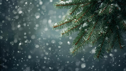 A close up of snow falling on pine tree branches in a wintery dark background