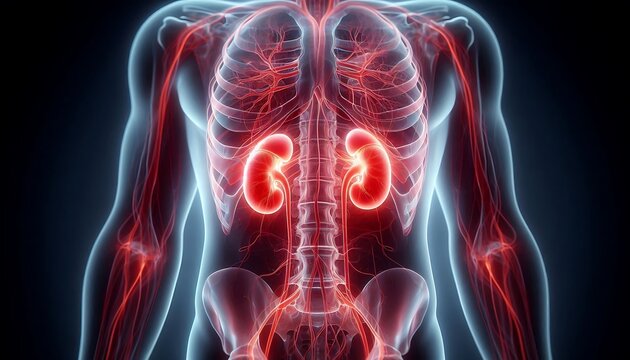 Human anatomy illustration of the kidneys and circulatory system