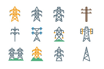 Electrical Transmission Towers and Power Lines Icon Set