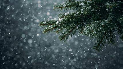 A close up of a snowy pine tree branch during a winter snowfall with bokeh lights