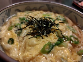 溶き卵（とじ卵）とネギ、刻み海苔がたっぷり乗った温かいあんかけうどん/そば