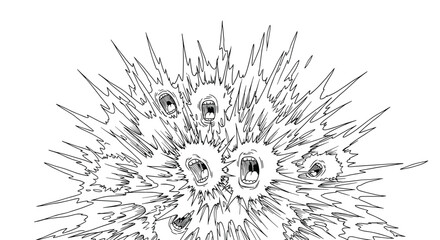Intense and chaotic hand-drawn illustration of an explosion filled with multiple screaming mouths, conveying anger or noise.