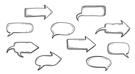 Obraz premium Unique set of hand-sketched arrow-shaped speech bubbles, combining pointers with dialogue boxes for creative communication.