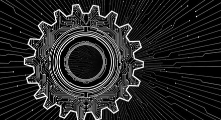 Abstract Digital Gear with Circuit Board Design on Black Background