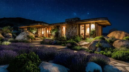 Luxurious Mid Century Modern Home Illuminated At Night Under A Starry Desert Sky Surrounded By Boulders And Lavender Bushes With A Stone Pathway Leading To The Entrance