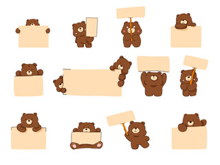 Collection of cute brown bears and message boxes, hand drawn.