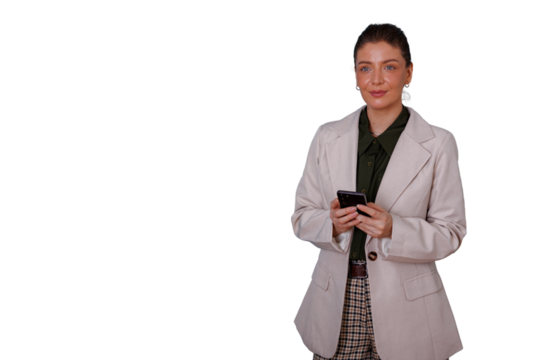 Businesswoman holding mobile phone, using smartphone, connecting, communicating, managing business, working online with technology