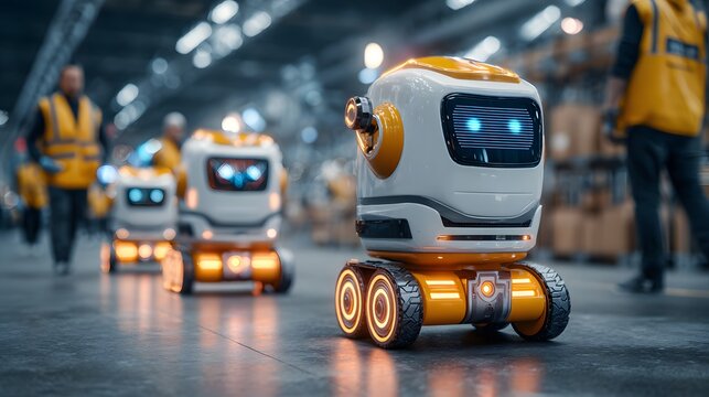 Automated mobile robots navigate a large industrial storage facility alongside human workers