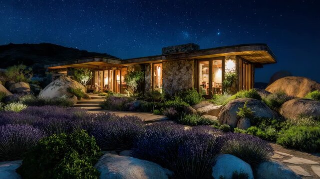 Luxurious Mid Century Modern Home Illuminated At Night Under A Starry Desert Sky Surrounded By Boulders And Lavender Bushes With A Stone Pathway Leading To The Entrance