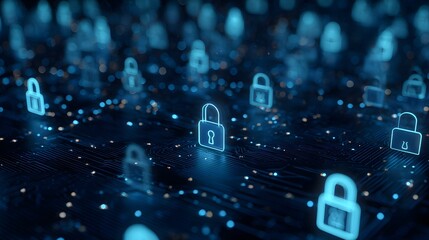 Numerous glowing digital padlocks illuminate a dark technological circuit board surface