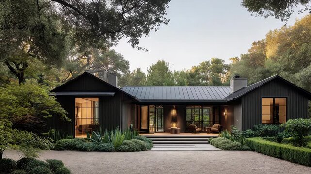Modern Dark Wood Ranch Style Home With Lush Greenery and Warm Interior Lighting Under a Clear Sky