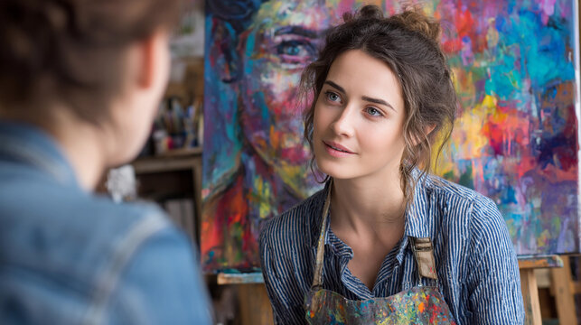 Young artist engages in discussion about creative process in studio