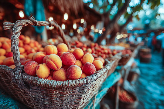 A woven basket filled with ripe peaches sitting on a table at an outdoor fruit market stall scene