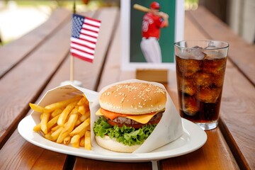Classic american burger fries and soda with patriotic flair