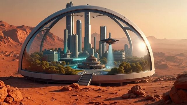 Futuristic city thriving under a biodome on Mars, a vibrant vision of space exploration and human ingenuity, inspiring hope for a new era of colonization