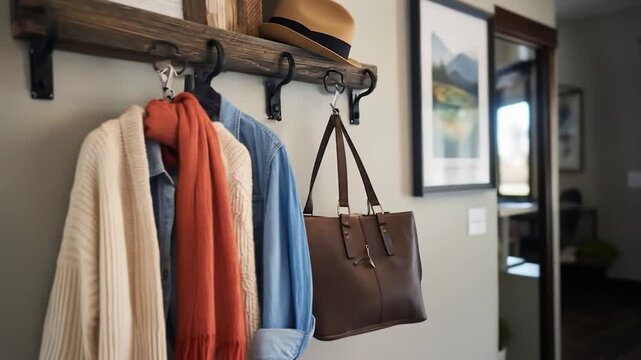 Home entryway interior with rustic wooden coat rack displaying various clothing and accessories on hooks
