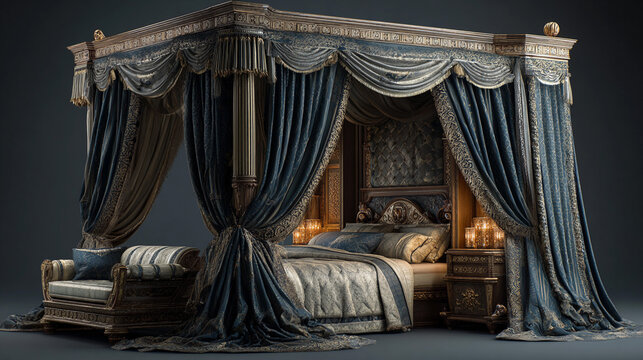 Luxurious antique bedroom with ornate four-poster bed and drapes