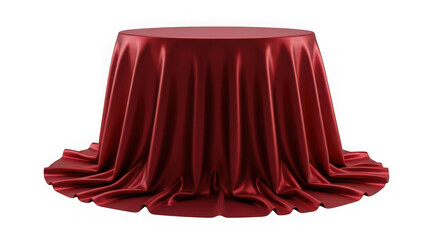 Round table covered with luxurious red satin cloth presentation