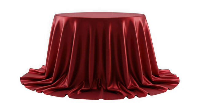 Round table covered with luxurious red satin cloth presentation